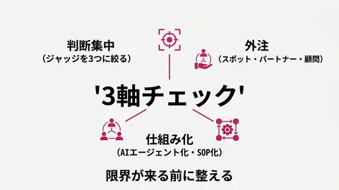 「ひとり起業の限界」が来る前にやる3軸チェック。判断・外注・仕組み化