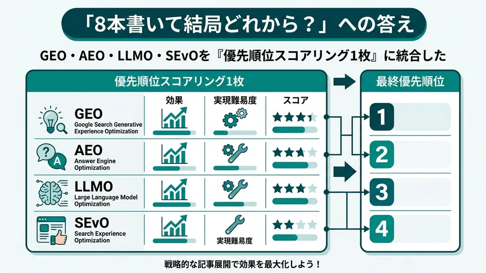 'I Wrote 8 Articles—But Where Do I Actually Start?': Consolidating GEO, AEO, LLMO, and SEvO into a Single Priority Scoring Sheet