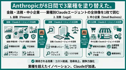 Anthropicが8日間で3業種を塗り替えた。金融・法務・中小企業——業種別Claudeエージェントの全体像を1枚で読む
