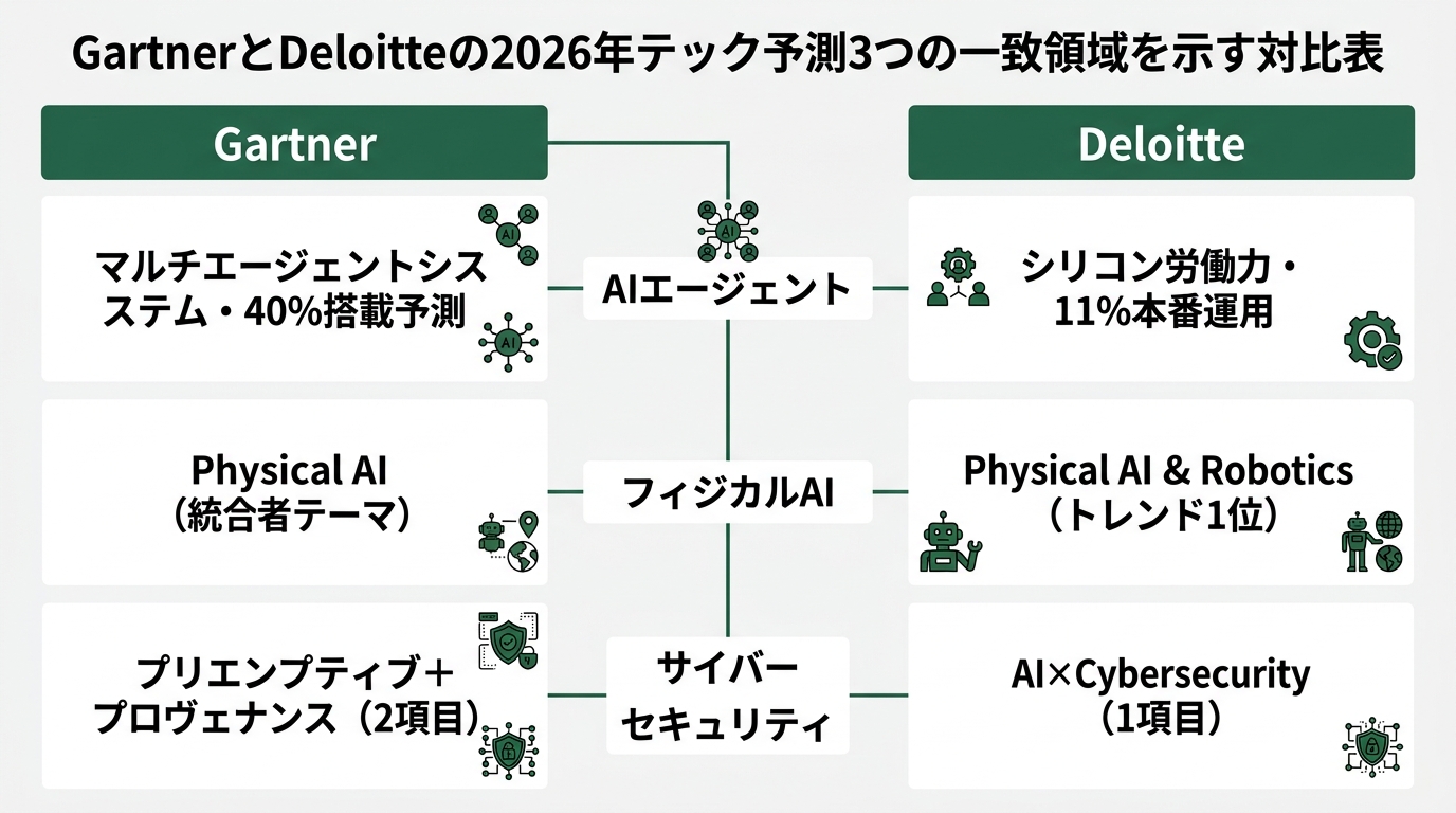 GartnerとDeloitteの2026年テック予測3つの一致領域を示す対比表