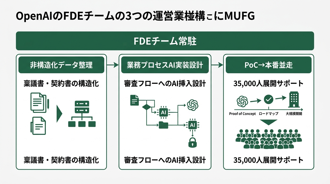 OpenAIのFDEチームがMUFGに常駐して行う3業務の構造図