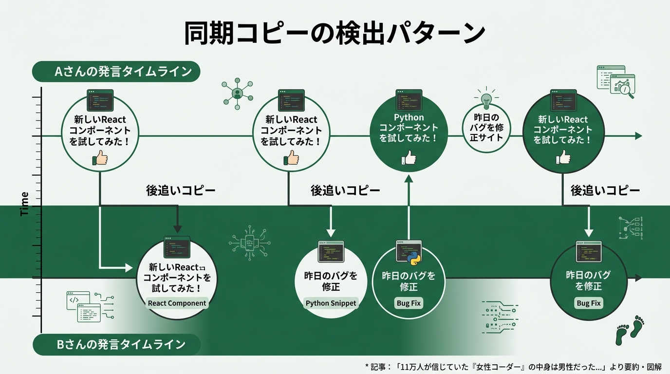 「Aさんの発言タイムライン」と「Bさんの発言タイムライン」を上下に並べ、時系列軸を共有する図