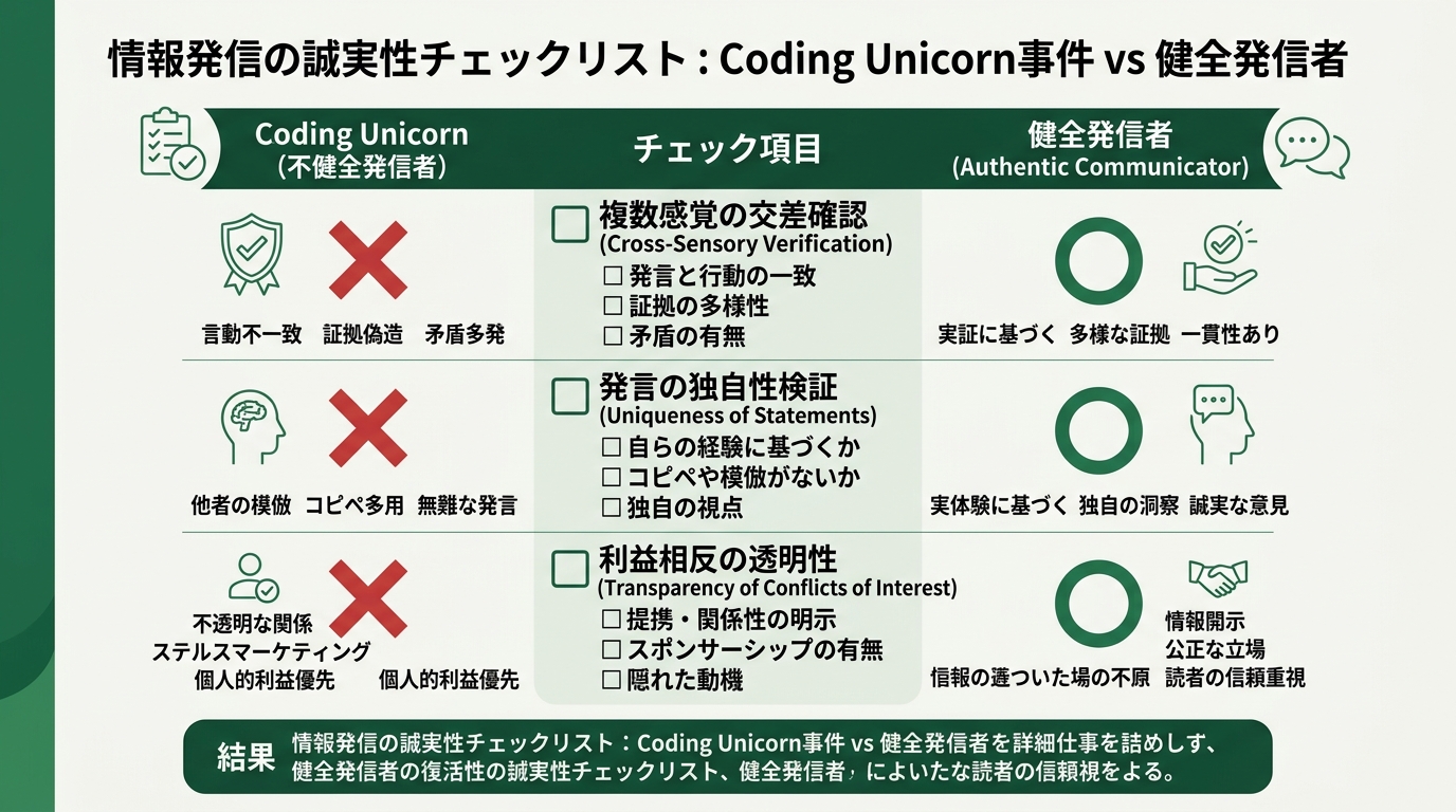 3つのチェック項目(複数感覚の交差確認・発言の独自性検証・利益相反の透明性)を1枚にまとめたチェック