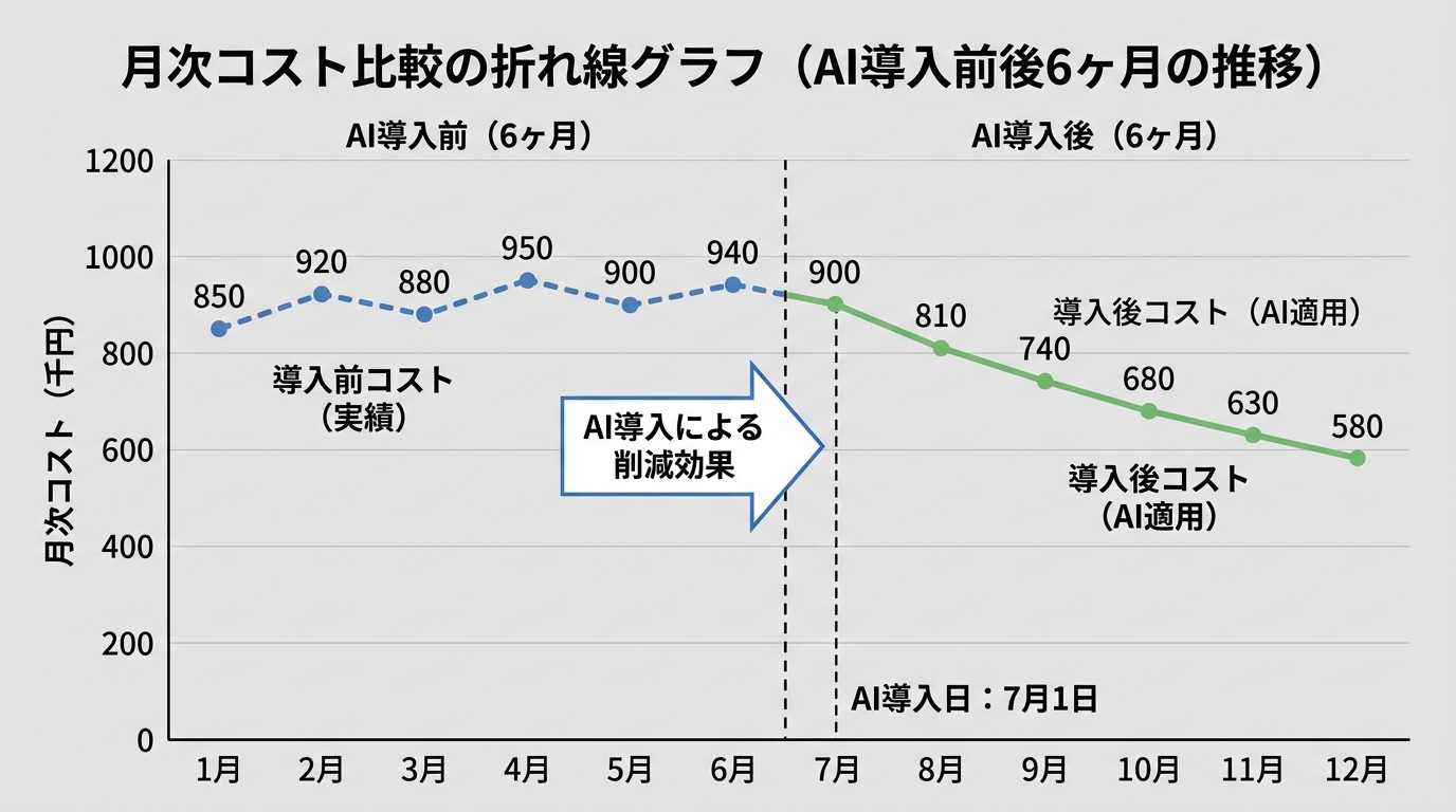 月次コスト比較の折れ線グラフ(AI導入前後6ヶ月の推移)