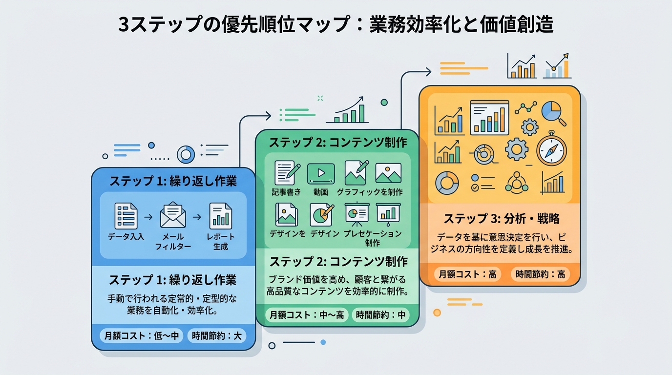 3ステップの優先順位マップ(ステップ1: 繰り返し作業→ステップ2: コンテンツ制作→ステップ3: