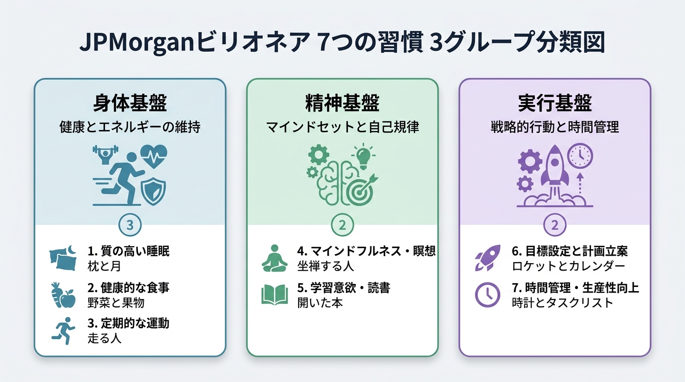 JPMorganビリオネア7習慣の3グループ分類図(身体基盤・精神基盤・実行基盤)