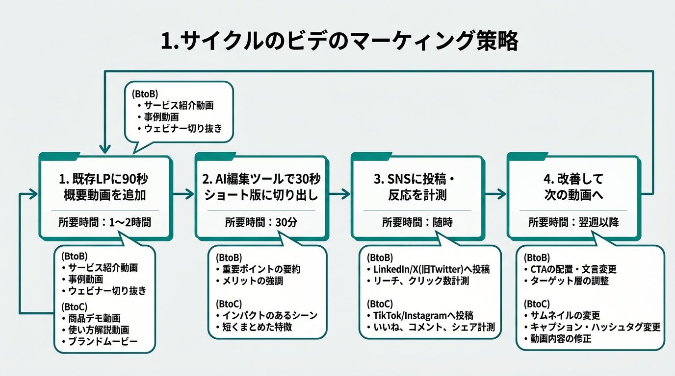 動画施策の最初の1サイクルを示すフロー図