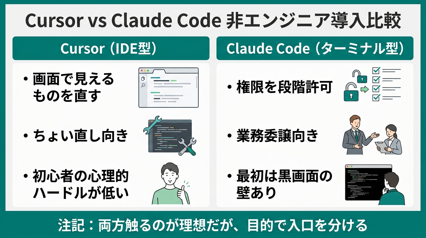 「Cursor vs Claude Code 非エンジニア導入比較」2カラム比較図