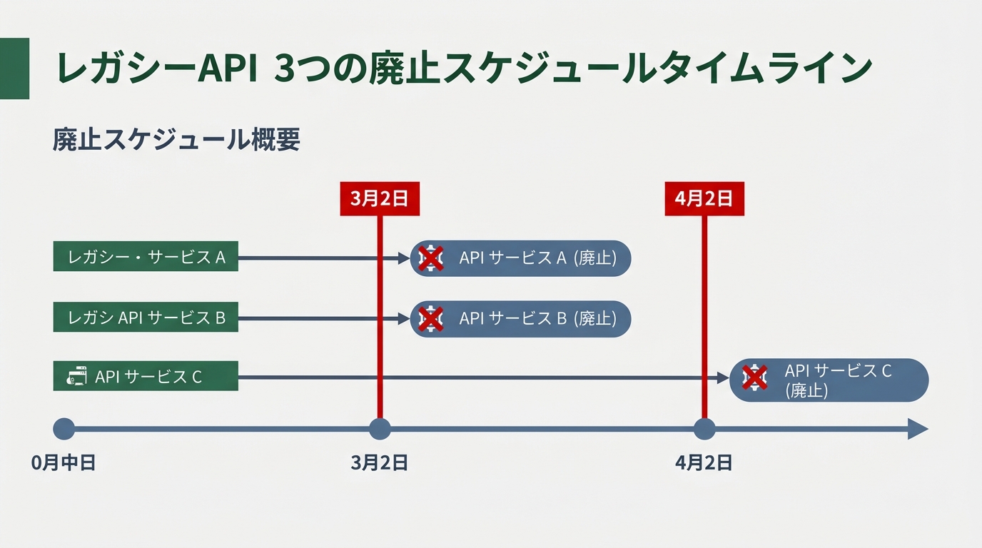 レガシーAPI 3つの廃止スケジュールタイムライン