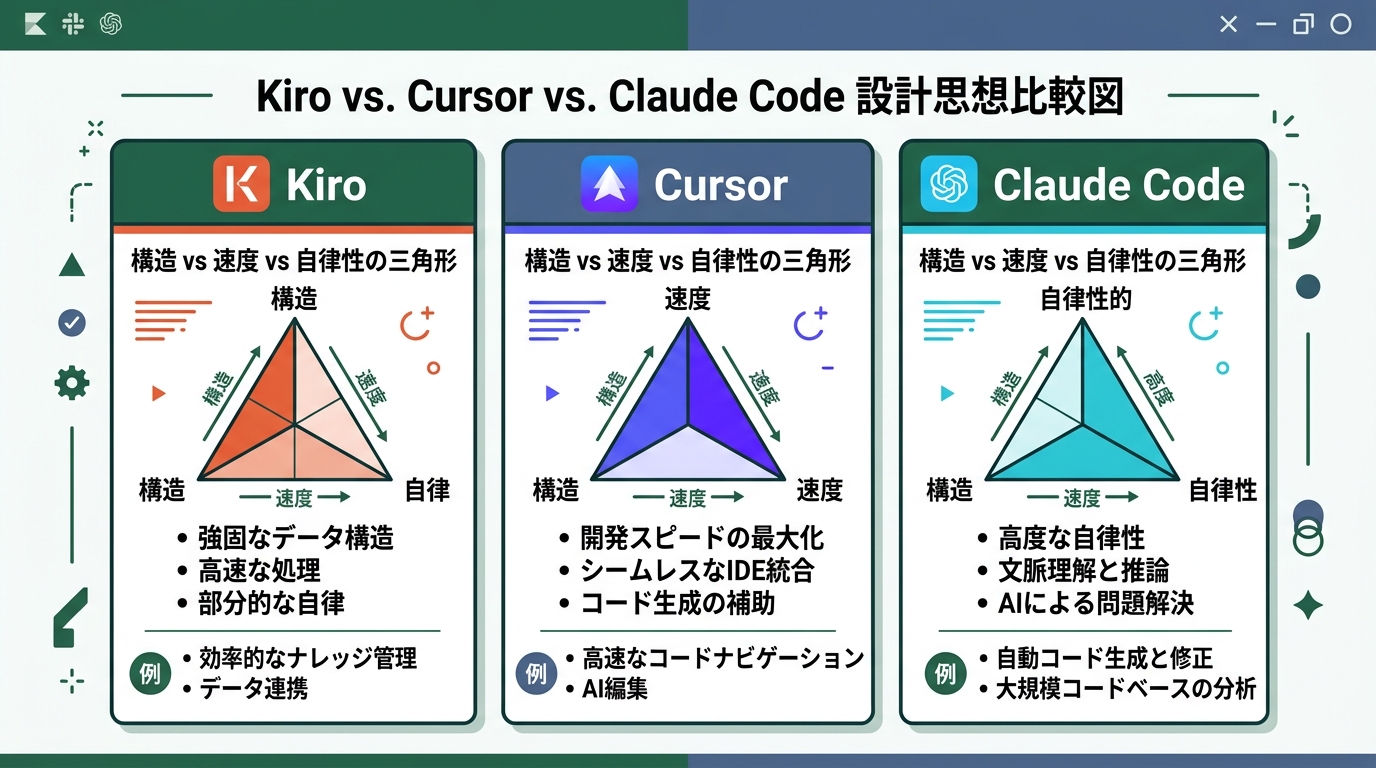 Comparison diagram of Kiro, Cursor, and Claude Code design philosophies. The structure vs. speed vs. autonomy triangle
