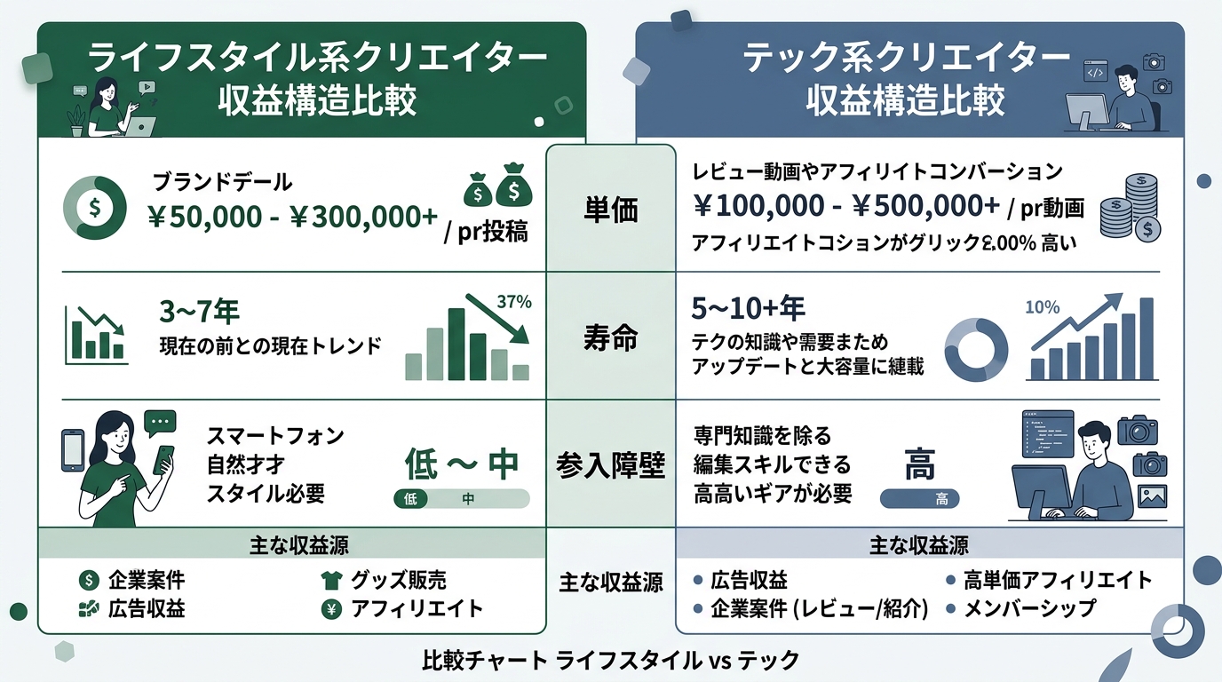 ライフスタイル系クリエイター vs テック系クリエイターの収益構造比較