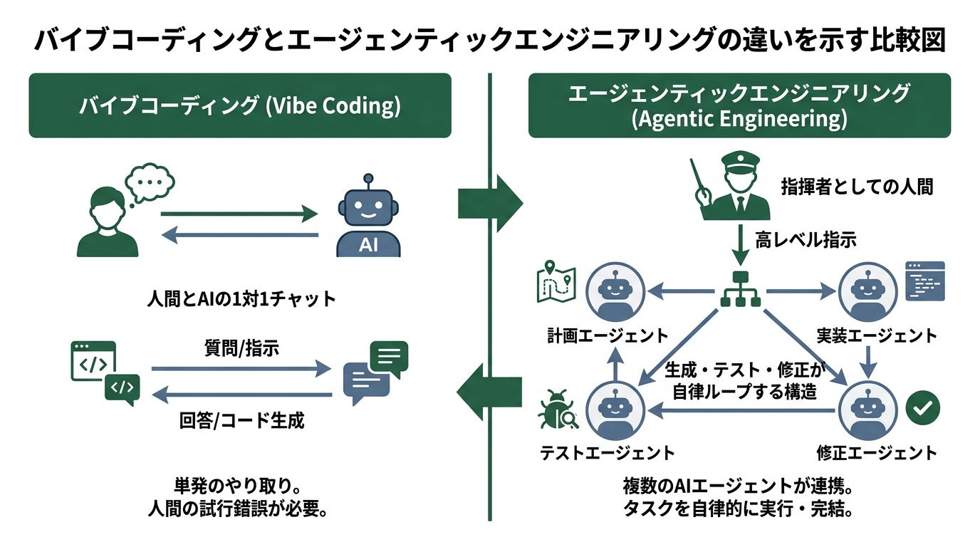 バイブコーディングとエージェンティックエンジニアリングの違いを示す比較図