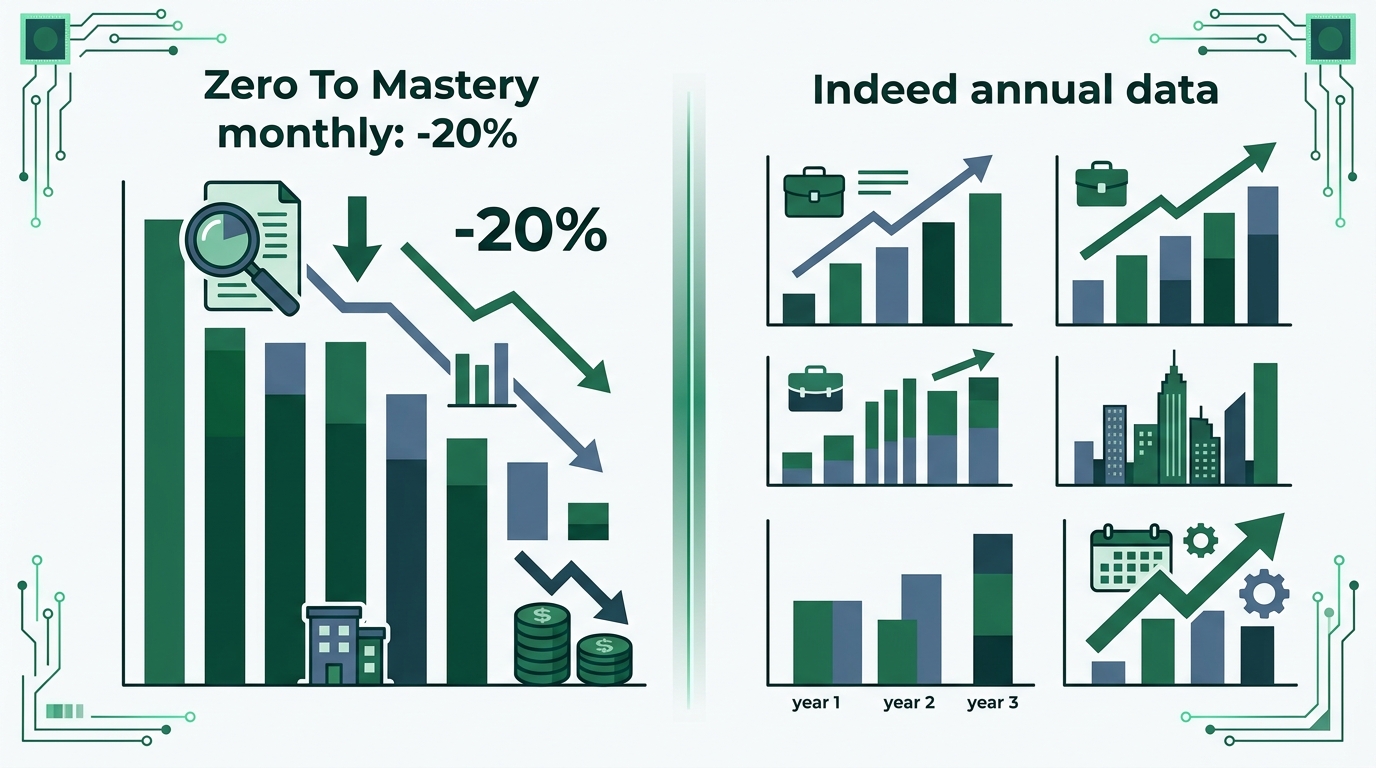 Zero To Masteryの月次レポートとIndeed年次データを並べた比較グラフ