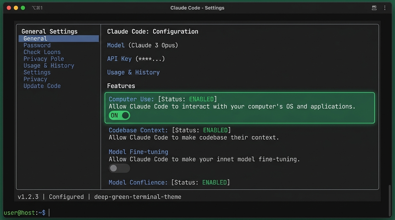 Screen capture showing the Computer Use toggle being turned on in Claude Code's settings screen