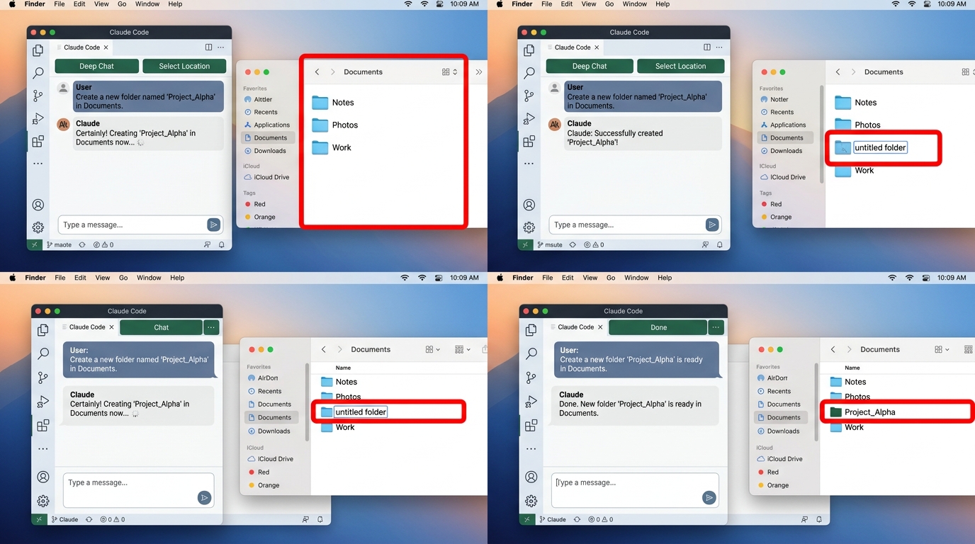 A series of three screenshots showing Claude Code operating Finder to create a new folder