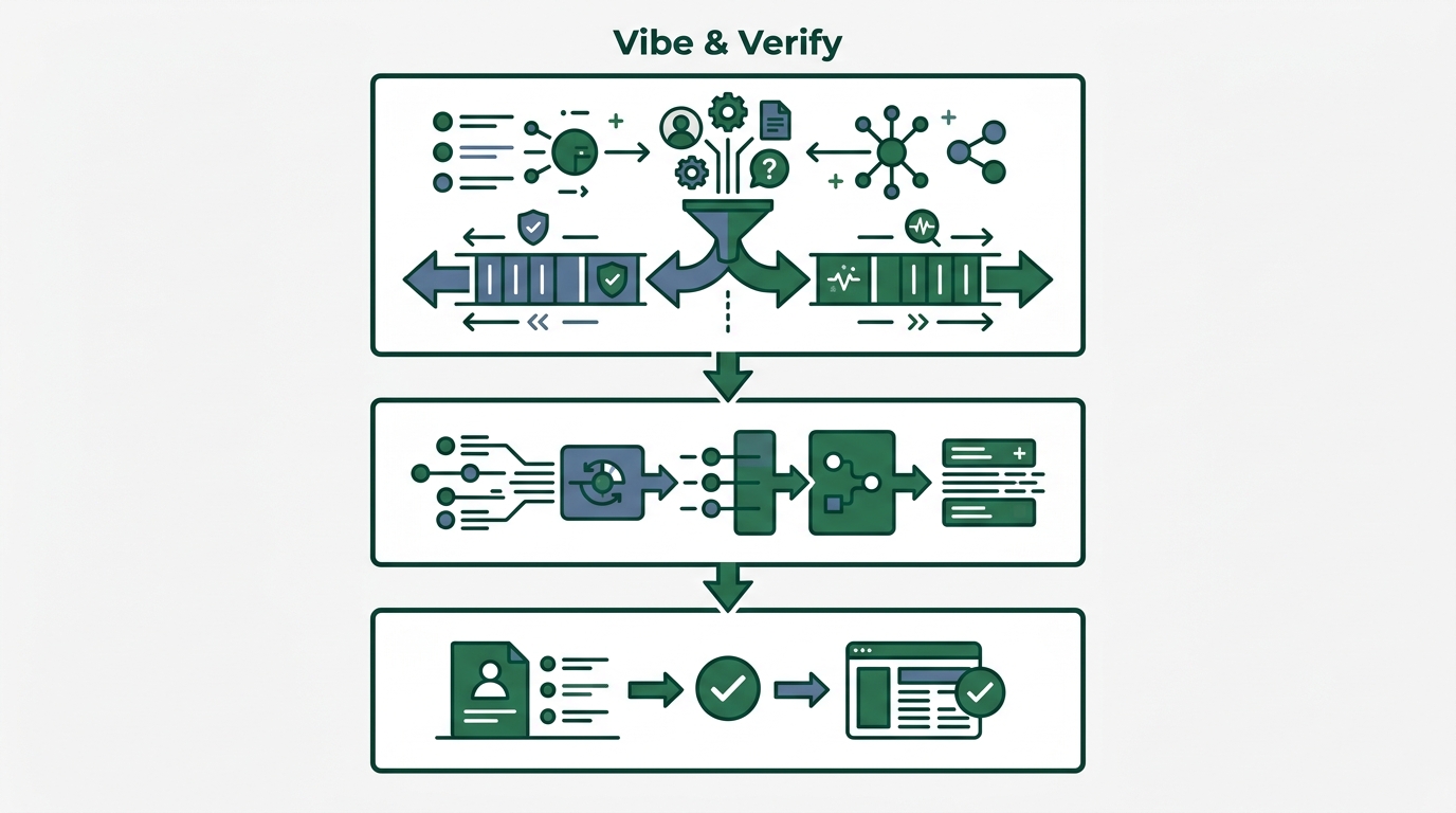 Vibe & Verifyの3ステップを縦に並べたフロー図