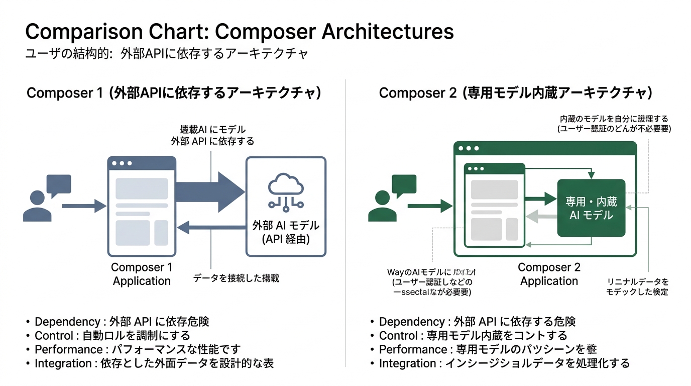 Composer 1(外部APIに依存するアーキテクチャ)とComposer 2(専用モデル内蔵アー