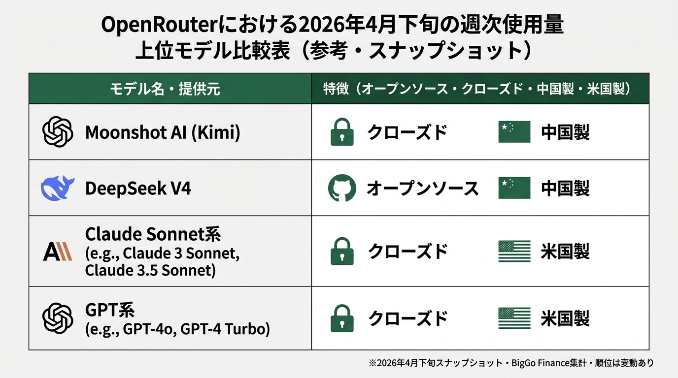 OpenRouterにおける2026年4月下旬の週次使用量上位モデル比較表(参考・スナップショット)