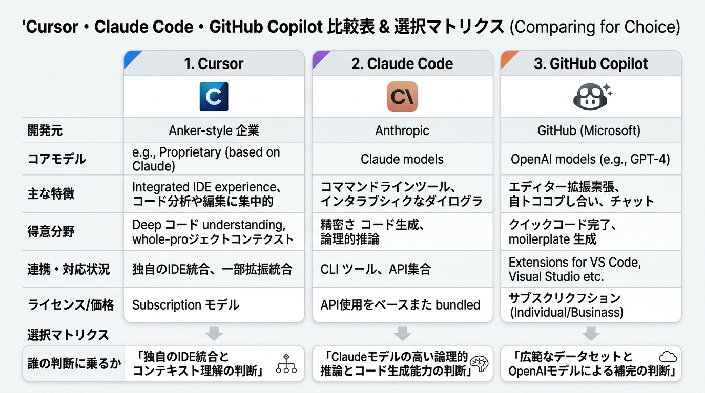 Cursor・Claude Code・GitHub Copilotの3列比較表に