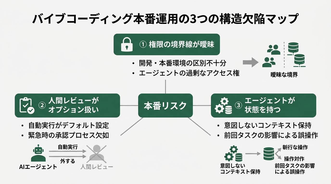 バイブコーディング本番運用の3つの構造欠陥マップ