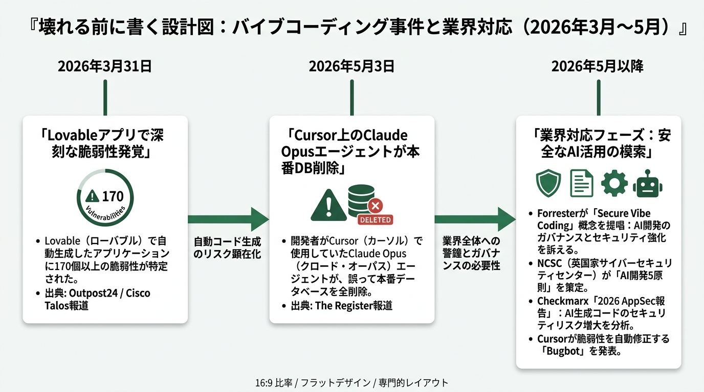 Three-point timeline of vibe coding incidents and industry response from March to May 2026. From left: "3/31 App built with Lovable found to have 170 vulnerabilities (Source: Outpost