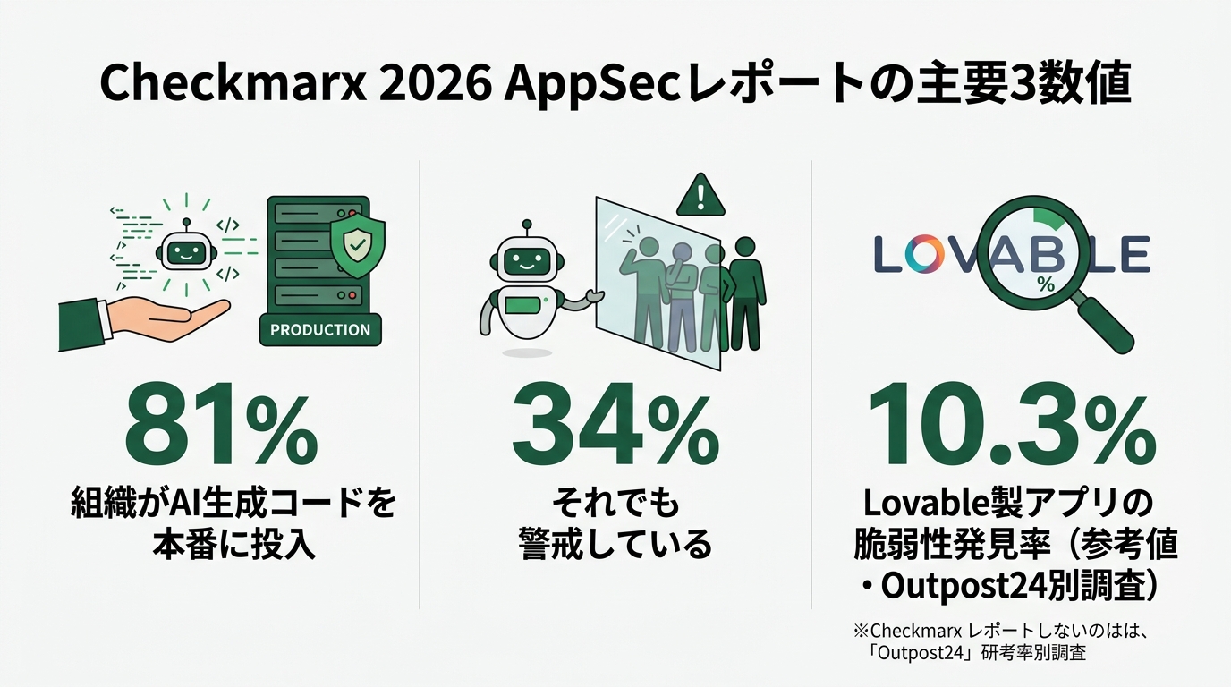 Infographic of three key figures from the Checkmarx 2026 AppSec report. "81% of organizations are deploying AI-generated code to production," "34% remain vigilant about it,"