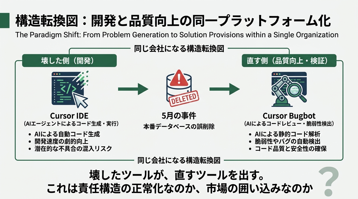 Structural shift diagram where the "breaker" and the "fixer" become the same company. Left box: Cursor IDE (code generation, agent execution) → center: May incident icon (production DB deletion