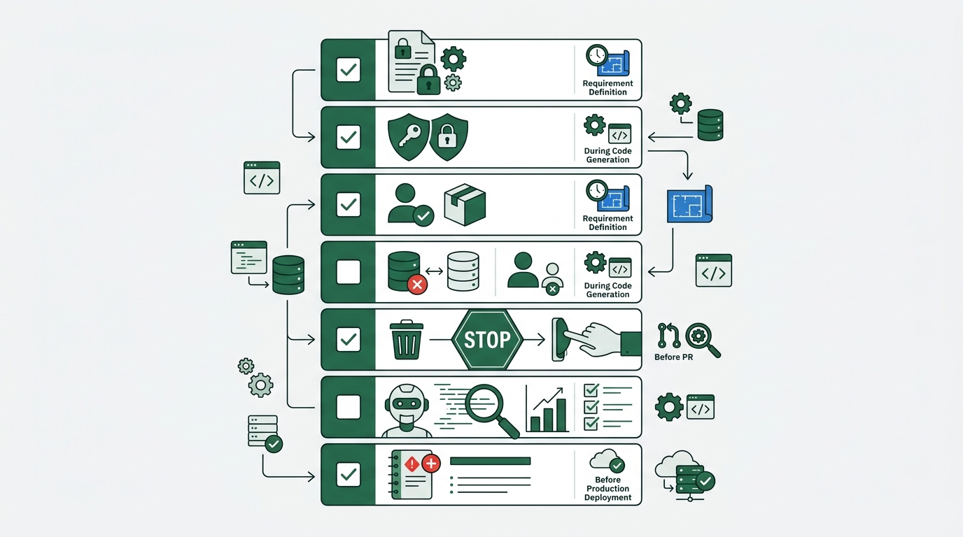 7-item checklist displayed vertically. Each item contains "number title / one-line description / when to apply (requirements / during code generation / before PR / before production deploy)." 1. Design