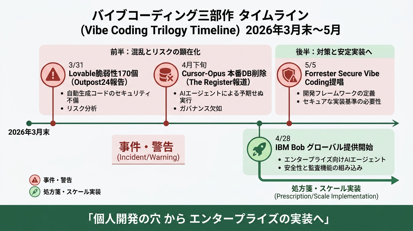 2026年3月末〜5月のバイブコーディング三部作タイムライン