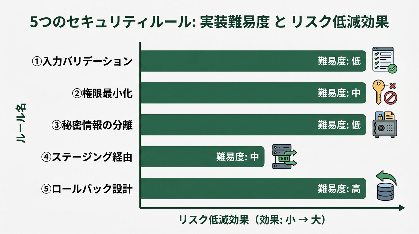 5つのセキュリティルールを「実装難易度」と「リスク低減効果」の2軸横棒グラフで示すデータグラフィック