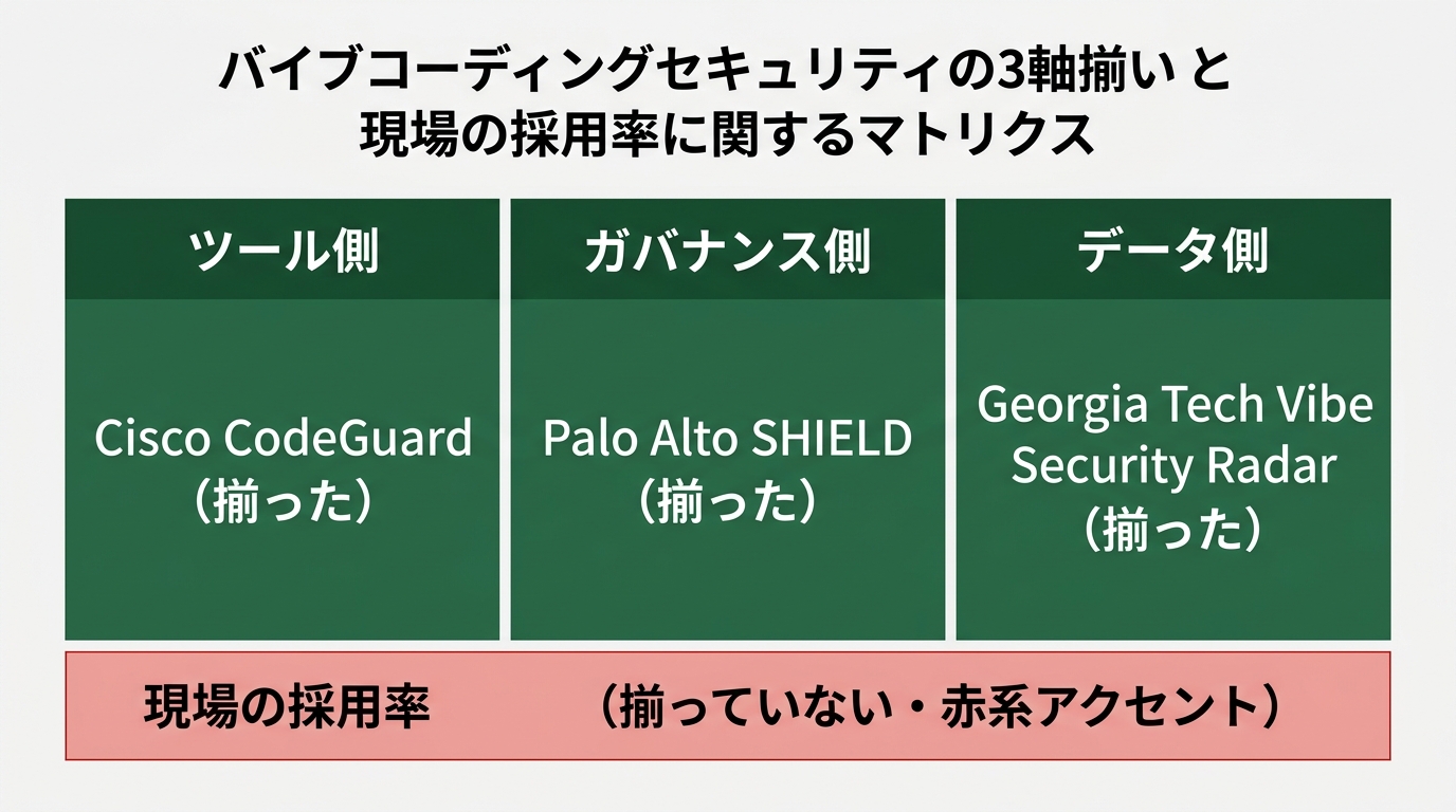 バイブコーディングセキュリティの「ツール側」「ガバナンス側」「データ側」の3軸が現時点で揃ったかを示