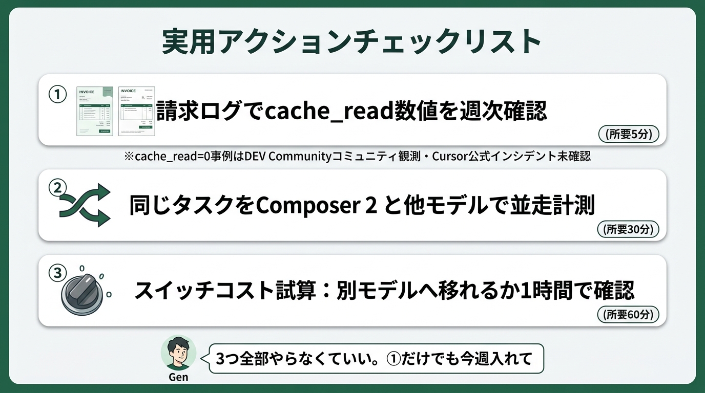 3つの実用アクションを縦に配置したチェックリスト型イラスト