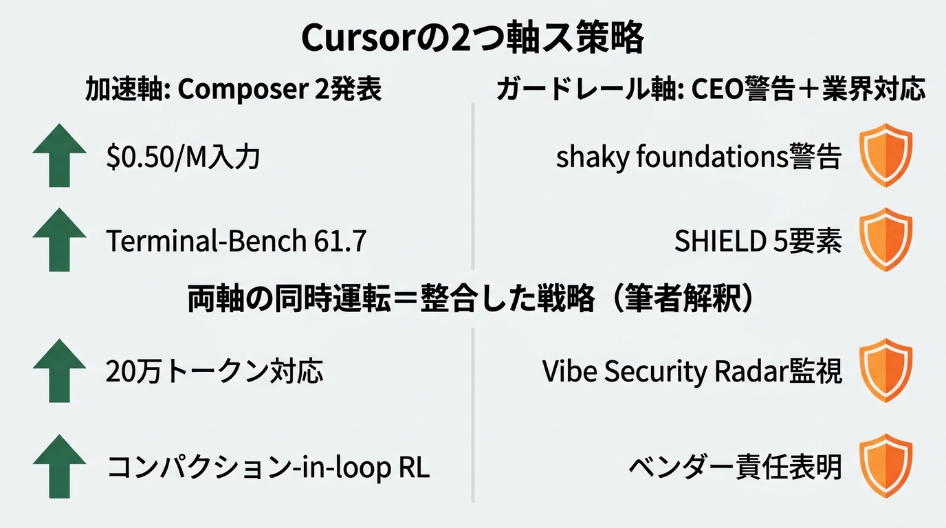 Cursorの2軸戦略を示す対比図
