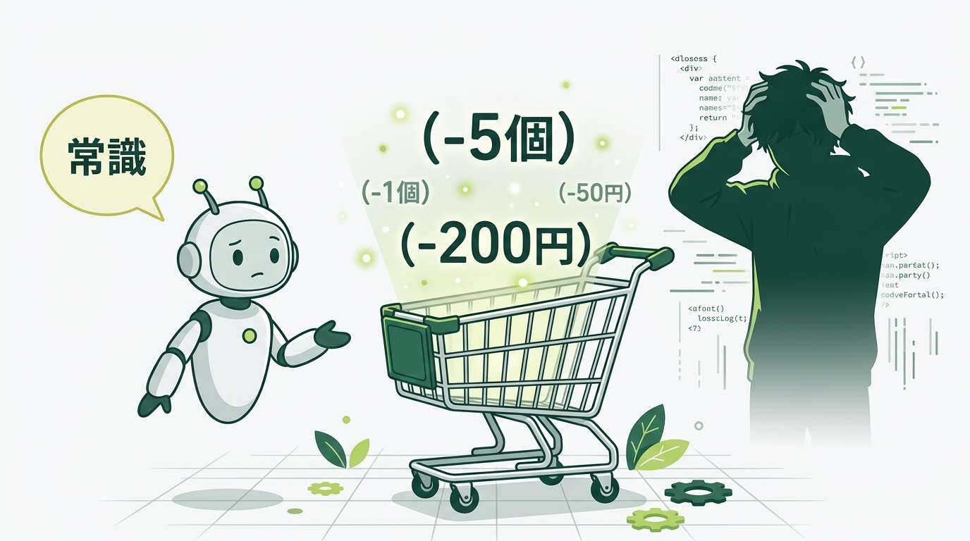 ショッピングカートのイラストの中央に「-5個」「-200円」と書かれた負の数値が浮かぶシーン