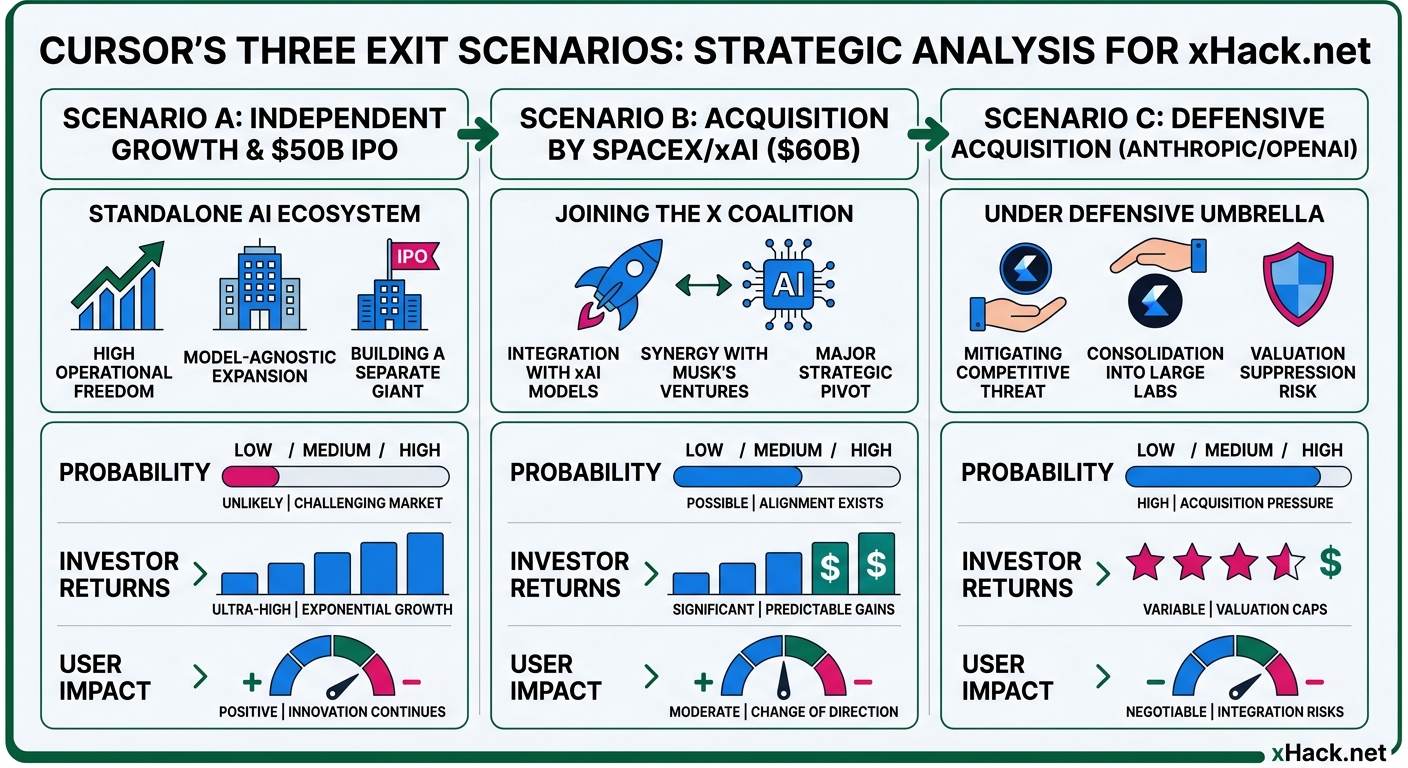 Cursor's three exit scenarios comparison table. Scenario A: independent growth, $50B valuation IPO, 