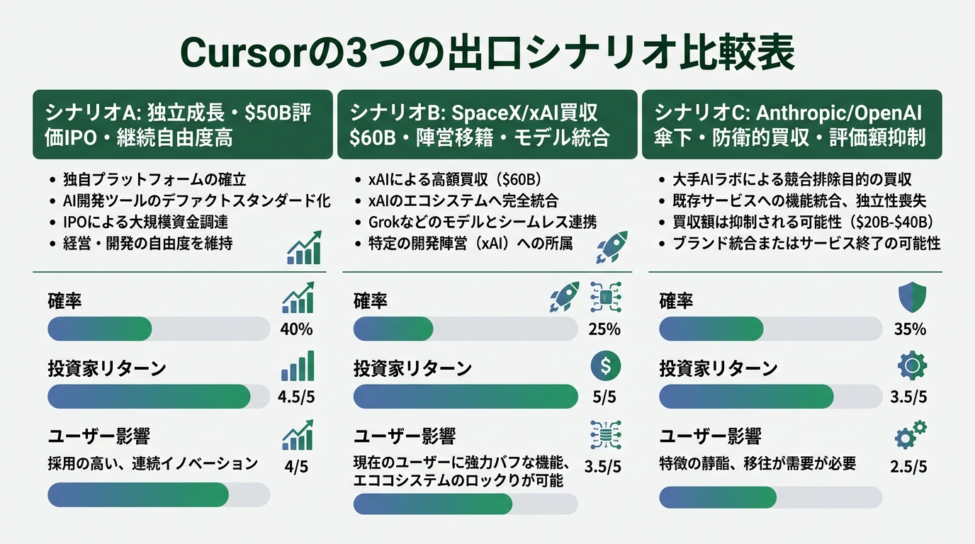 Cursorの3つの出口シナリオ比較表