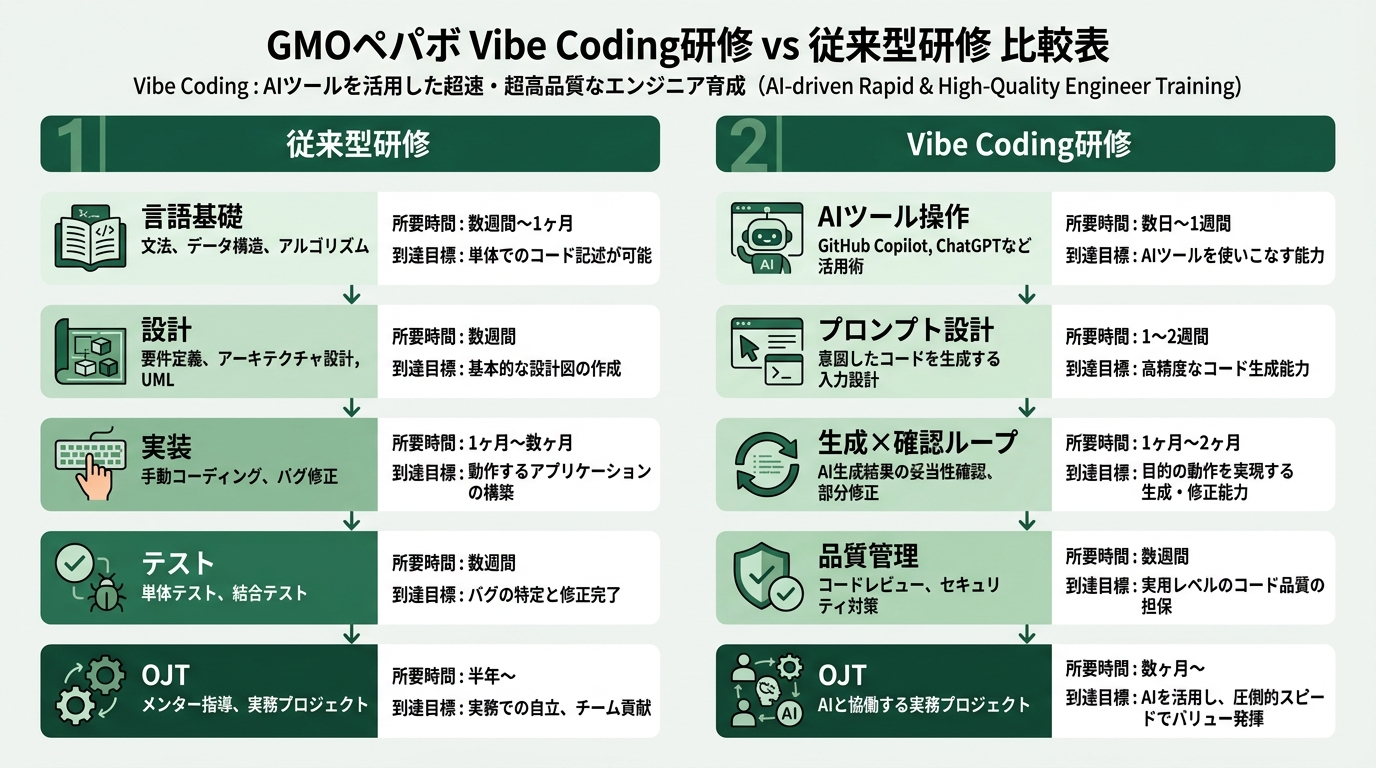 GMOペパボVibe Coding研修と従来型研修の比較表