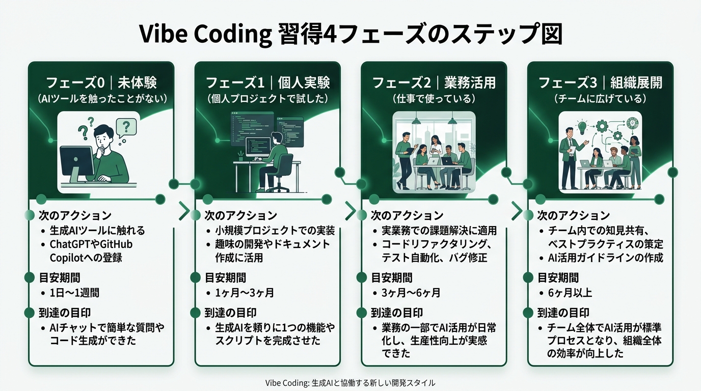 Vibe Coding習得4フェーズのステップ図