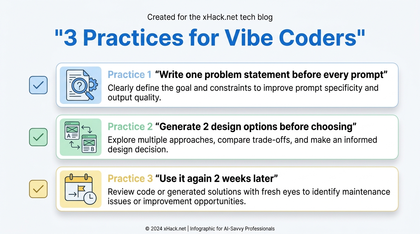 "3 Practices for Vibe Coders" checklist illustration. Three checkbox items with brief explanations: 