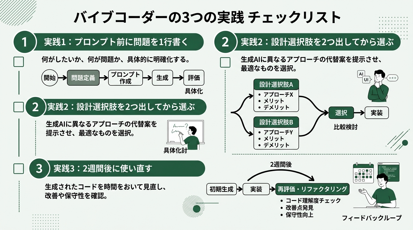 「バイブコーダーの3つの実践」チェックリスト形式の図