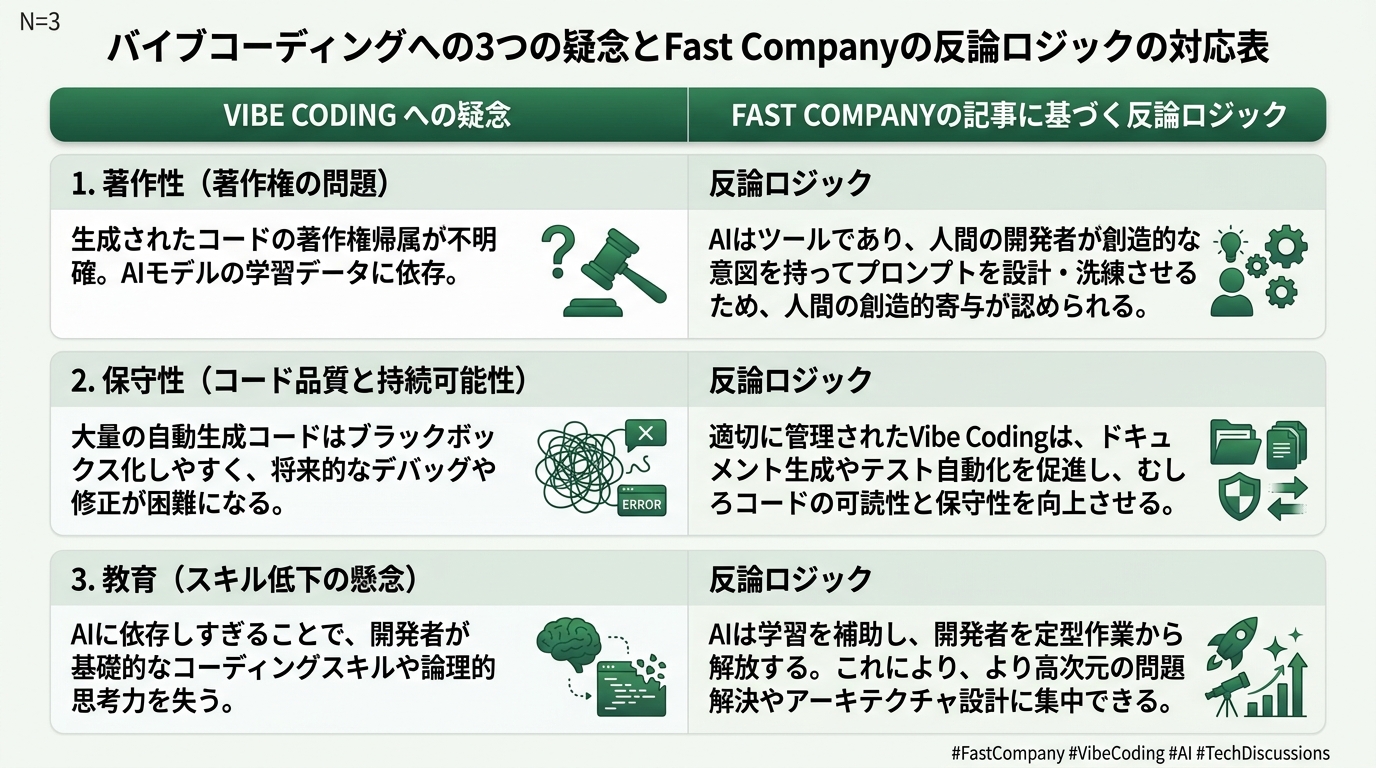 Comparison table matching three objections to vibe coding (authorship / maintainability / education) against Fast Company's likely counterarguments for each.