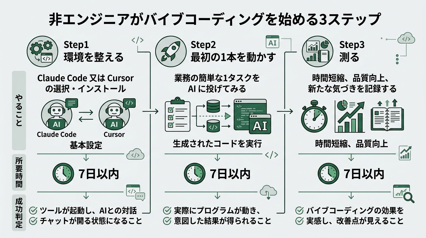 Non-engineer's 3-step path to vibe coding. Step 1: Set up your environment (Claude Code or Cursor). Step 2: Run your first project (assign a real work task). Step 3: Measure it (evaluate after 7 days).
