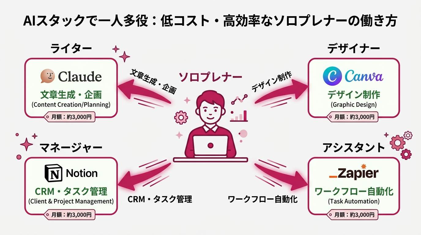 最小構成(月約9,800円・4ツール)とフル活用構成(月約3万円・7ツール)の2段階AIスタック対比