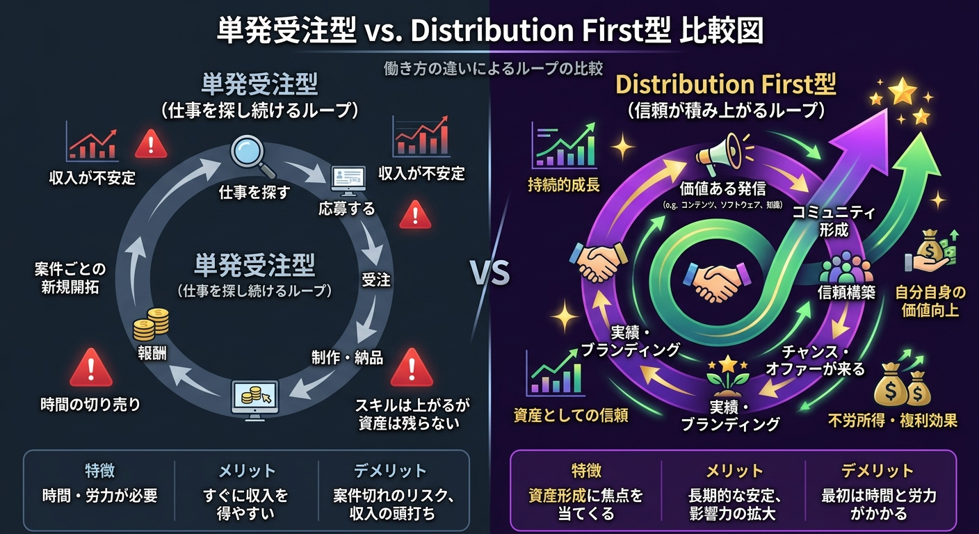 単発受注型(仕事を探し続けるループ)とDistribution First型(信頼が積み上がるループ