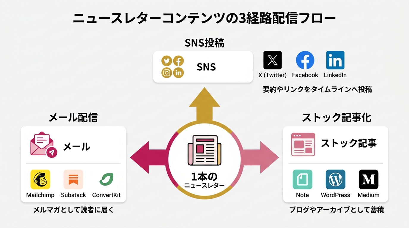 1本のニュースレターから3経路(メール・SNS・ストック記事)に配信されるフロー図