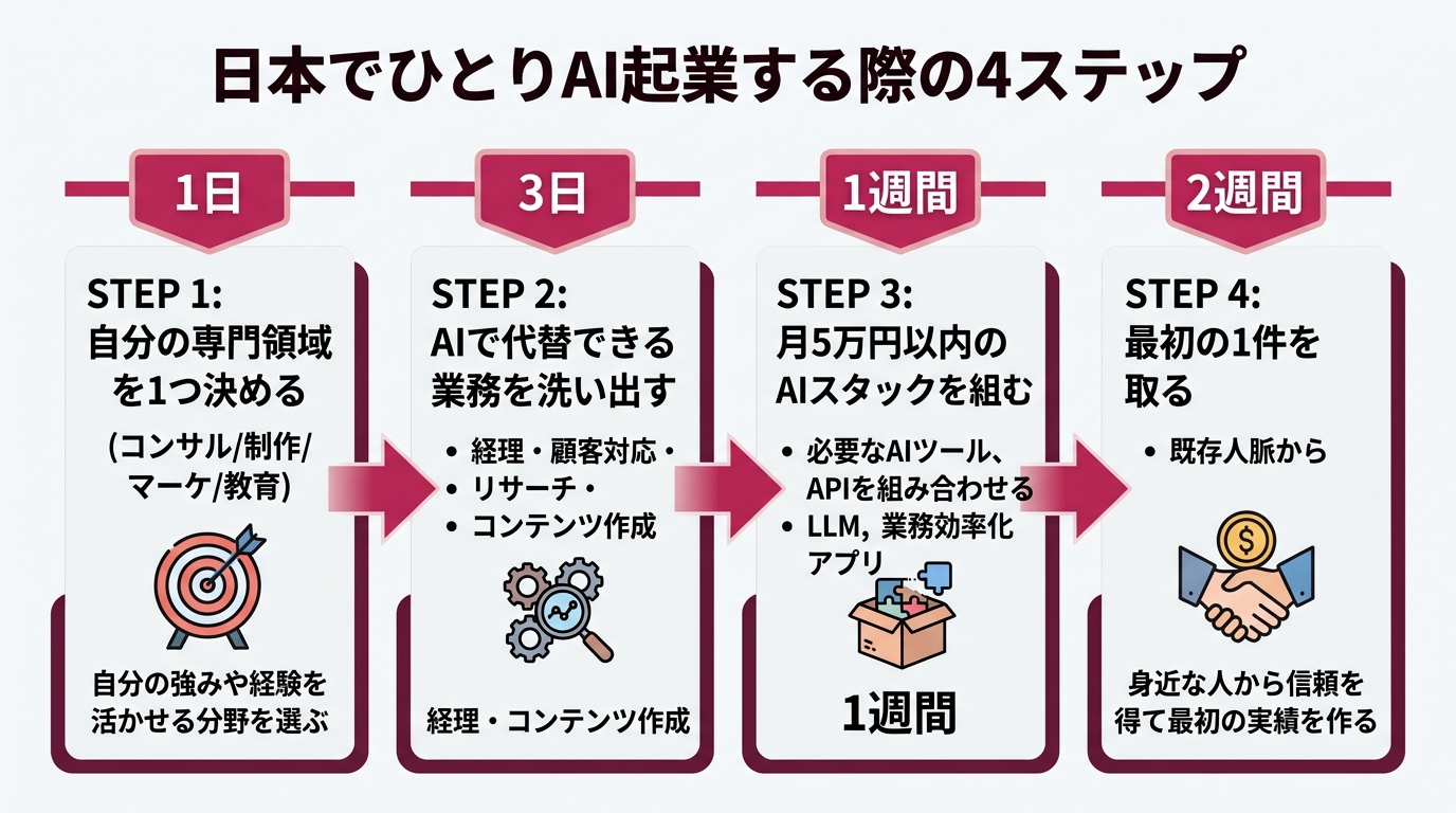 日本でひとりAI起業する際の4ステップを示すフロー図