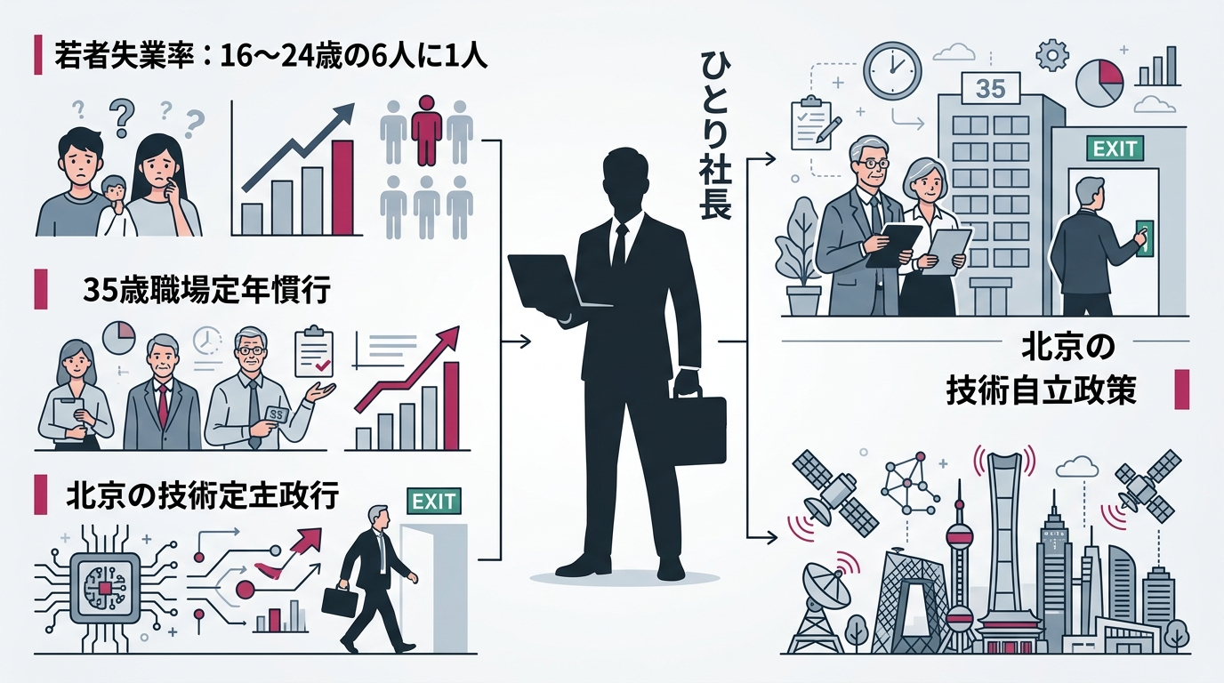 中国の国策型ソロプレナー政策の「3つの背景」を縦並びで示す概念イラスト