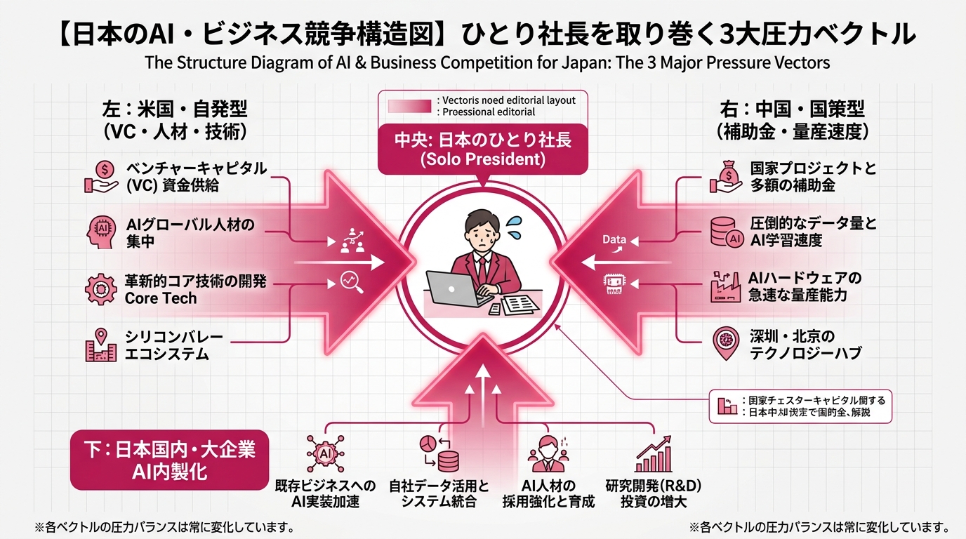 日本のひとり社長を中央に、3方向から圧力ベクトルが伸びる構造図