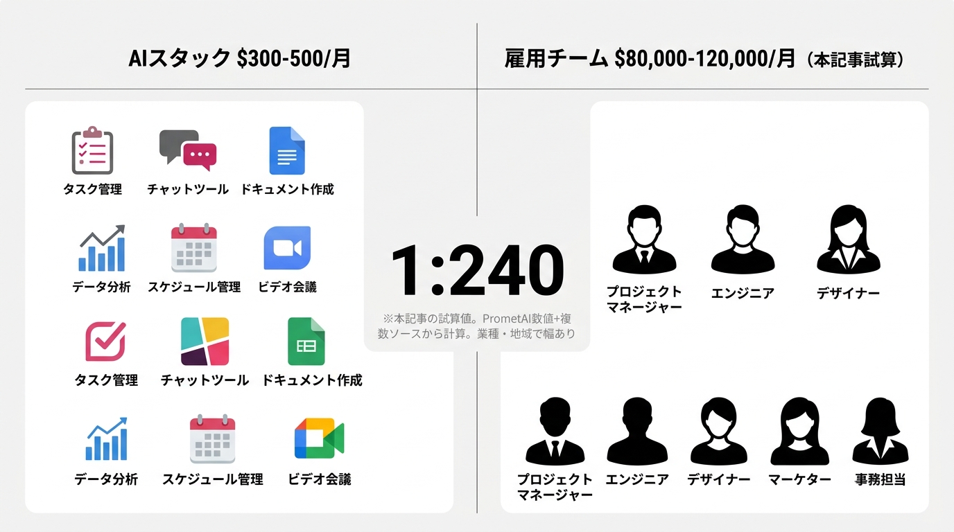 PrometAI数値と本記事試算の「1:240」を視覚化した左右対比図