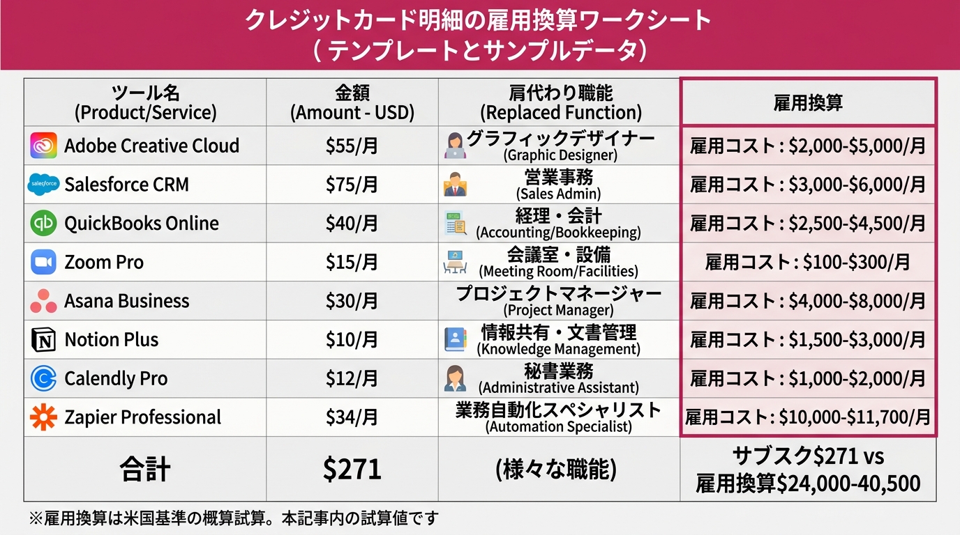 クレカ明細を「ツール名」「金額」「肩代わり職能」「雇用換算」の4列表に書き直したワークシートのテンプ